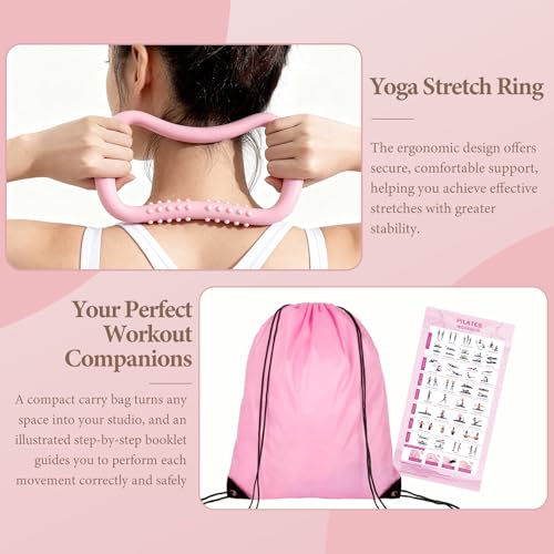 LZCDUDU Pink Pilates Ring Kit with 14.5 inch Magic Circle & Foam Roller, Ergonomic Home Workout Equipment Set, Full Pilate...