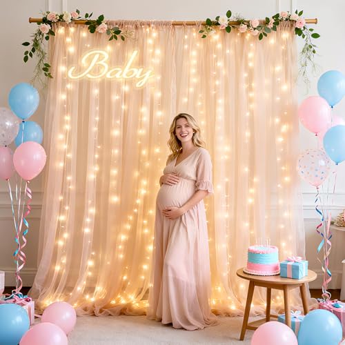 Ledido 2 Pack 10×10ft White Tulle Backdrop Curtains with Lights String - 600LED Fairy Lights Sheer Curtain Backdrop for We...