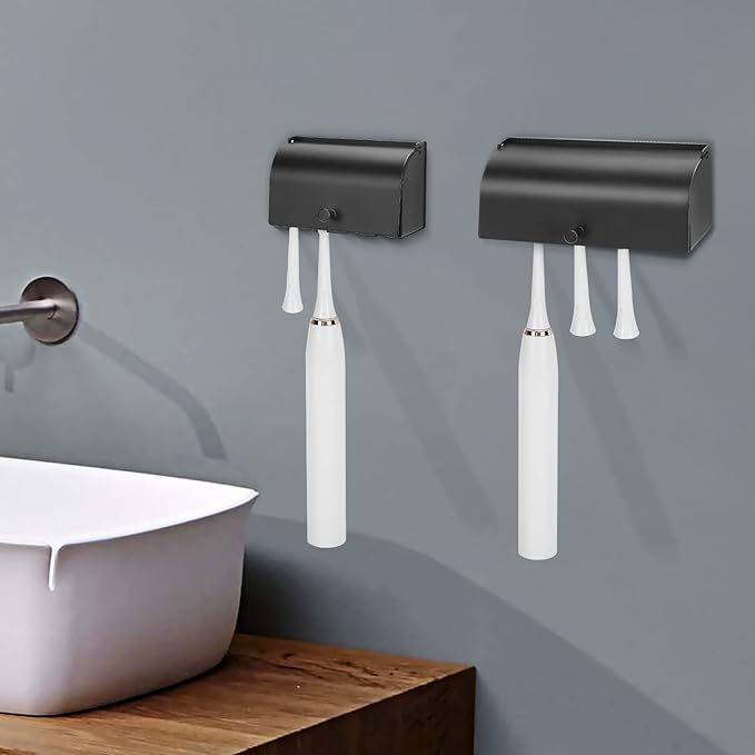 6-Slot Stainless Steel Toothbrush Holder with Cover - Wall Mounted, Dustproof, Self-Adhesive, Rustproof Bathroom Organizer for Toothbrush Storage (Black)