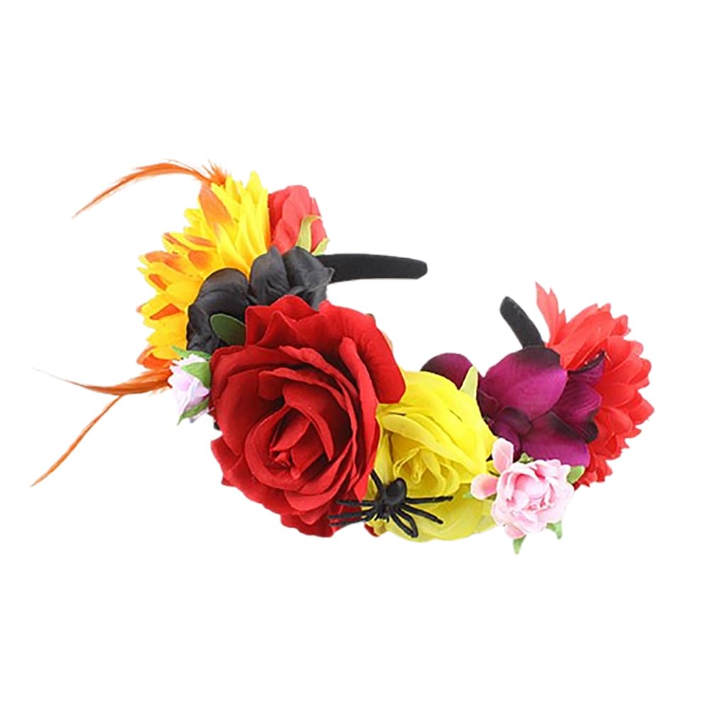 Lofruiin Women's Bohemian Rose Flower Crown Mexican Day of The Dead Headband Halloween Party Costume Headpiece (Red, Free)