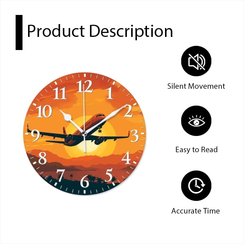 Sunset Wall Clock Non-Ticking Silent Clocks Battery Operated Analog Decor Clock for Home-Illustration of Airplane Flying Over The Sunset(10inch)