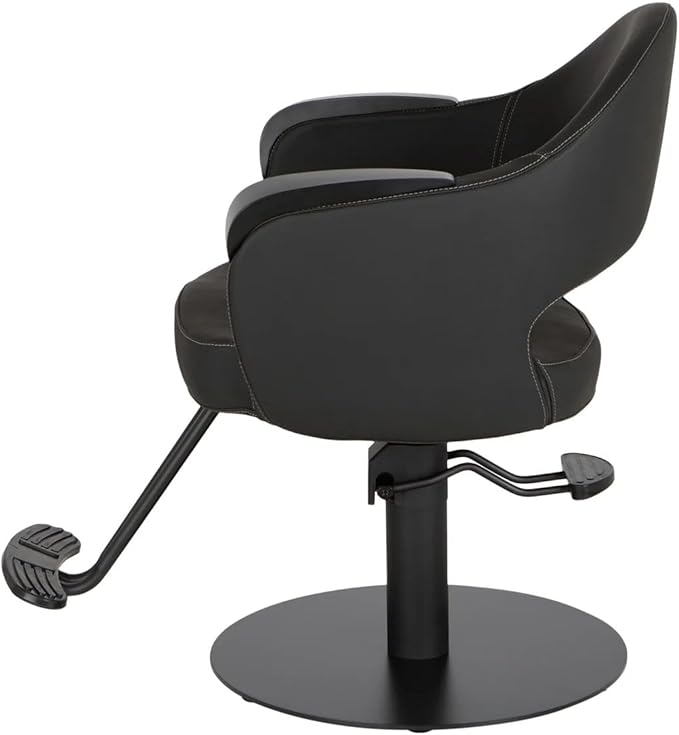 Buy-Rite Luna Noir Styling Chair – Professional Salon & Barber Chair with Mid-Century Design, Stitch Pattern, Black Metal Arms, Hydraulic Base, Easy-Clean Vinyl, YLG-356-BLK (Black Flat Round Base).