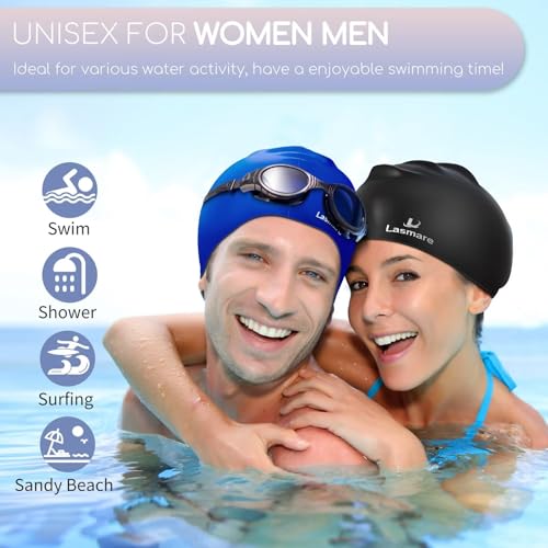 Long Hair Swim Cap for Women 2 Pack, Silicone Swimming Caps for Unisex Adult Women Men with Ear Plugs & Nose Clip Set, Wat...