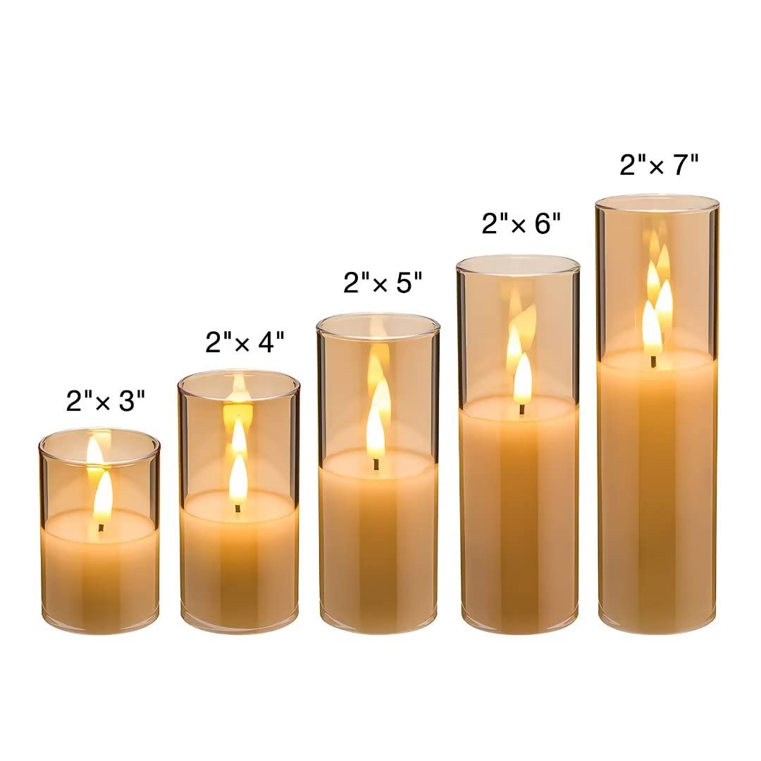 Eywamage 5 Pack Gold Glass Flameless Candles with Remote, Flickering Slim Tall LED Pillar Votive Candles Battery Included