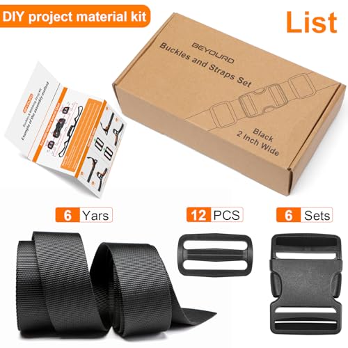 BEYOURD 2" Heavy-Duty Buckle & Straps Set: 6-Pack Side Release Plastic Buckles, 6 Yards of Thick Nylon Webbing, 12 Tri-Gli...