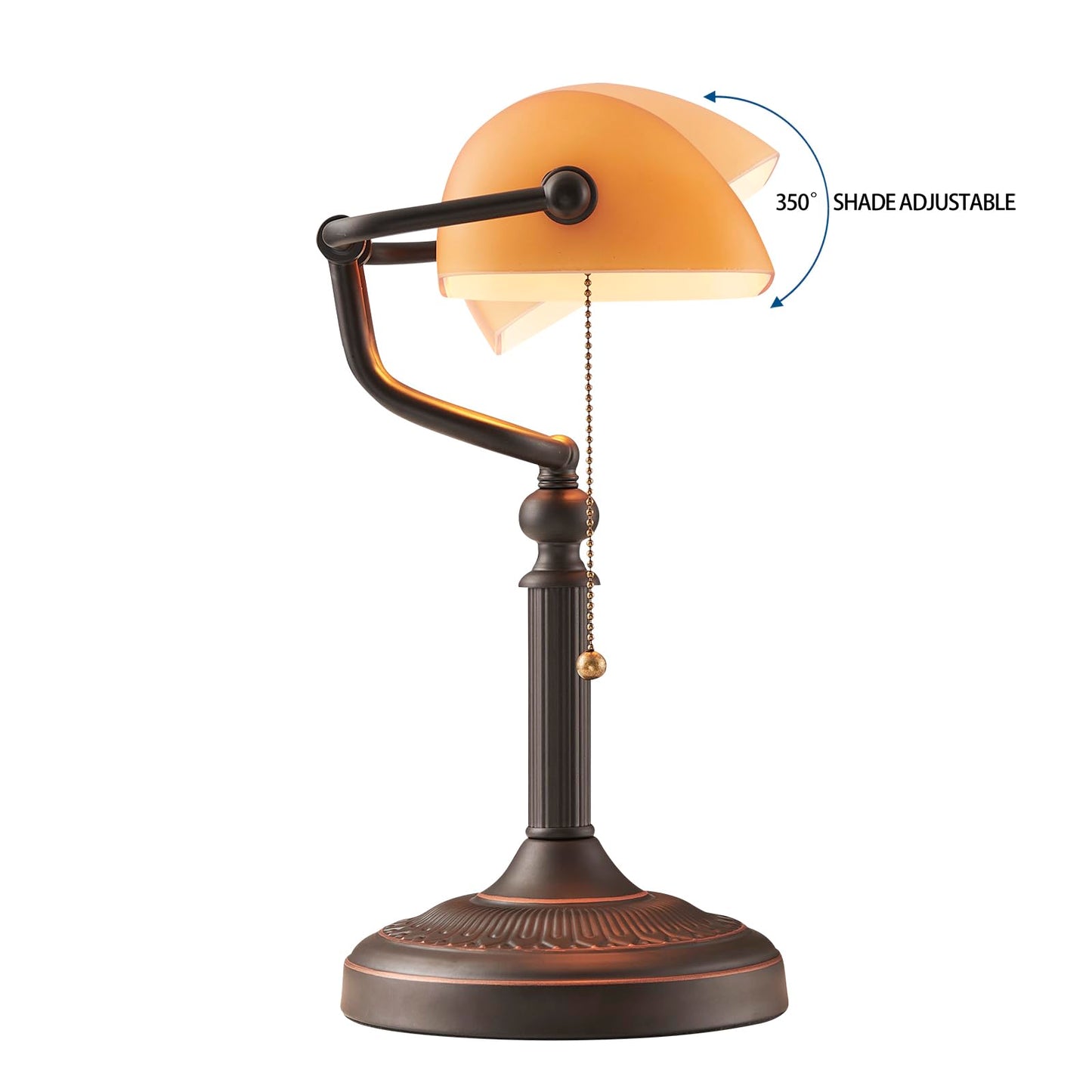 Newrays Glass Bankers Desk Lamp, Classic Size, Pull Chain Switch, Orange, Model T9009