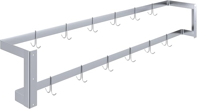 AmGood 72 in. Wall-Mounted Stainless Steel Single-Line Pot Rack. Includes 12 double pring hooks