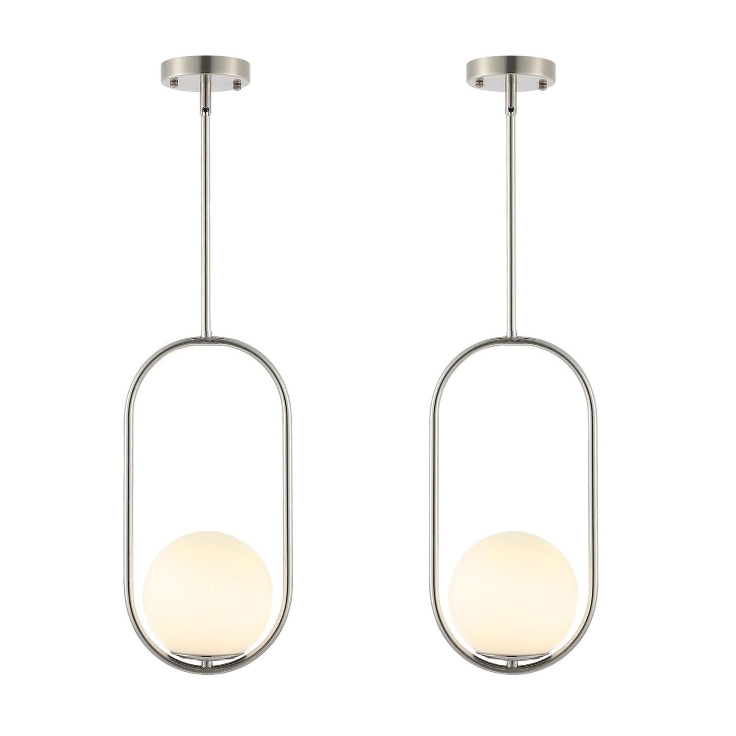 BYOLIIMA Modern Globe Pendant Light Brushed Nickel Chandelier 1-Light Mid Century Ceiling Hanging Lighting Fixture White Globe G