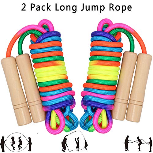 16 FT Long Jump Rope for Kids, 2 Pack Adjustable Double Dutch Skipping Rope with Wooden Handle, Multiplayer Rainbow Jumpin...