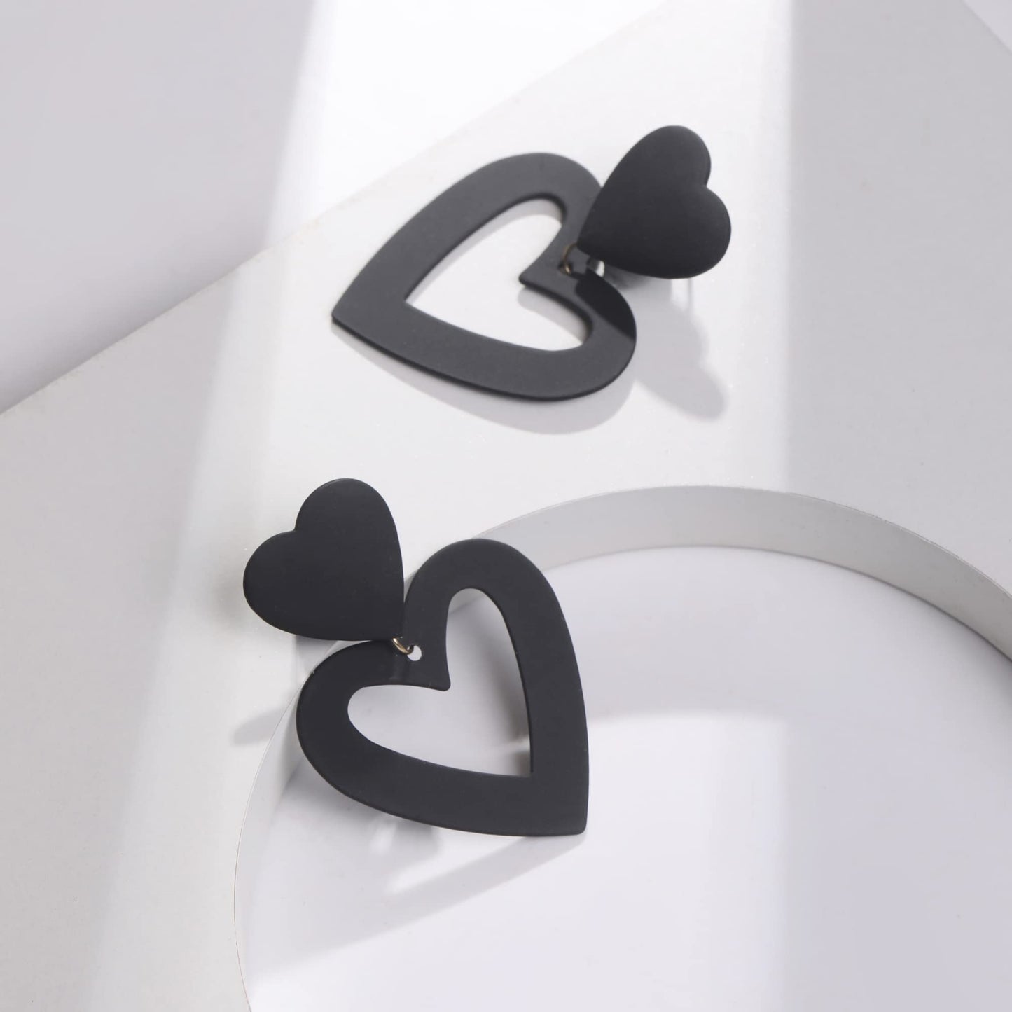 PopTopping Double Heart Earrings Dangling Black Heart Dangle Earrings Love Heart Drop Earrings For Women (Black)