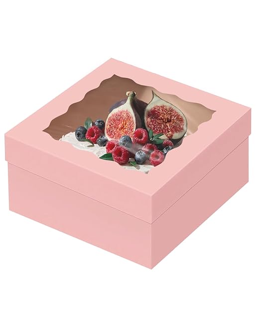 qiqee 12x12x6 Cake Box, 18 Sets Pink Cake Box with Window & 18 Sets 8" Cake Round Boards, 8inch Cake Containers, 10 Meters Silk Ribbon