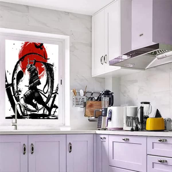 Japanese Samurai Decorative Window Film Watercolor Ink Samurai Sword Red Sun Printdining Room Window Film,Dorm Room Glass Film 17.7Wx23.6L-Inch X1Pcs