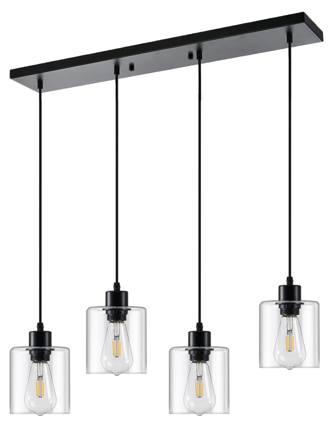 Rocunsi 4-Light Kitchen Island Lighting Black Pendant Light Fixture Farmhouse Dining Room Light Fixtures Over Table Modern Hanging Light Fixtures With Clear Glass E26 Base Bulbs Not Included
