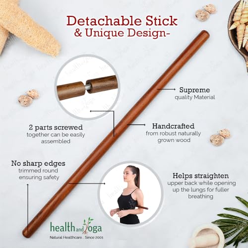 HealthAndYoga™ StretchNHeal Collapsible Multi-Use Wooden Yoga Stick - Regular and XL - Portable Posture Corrector Pole, St...