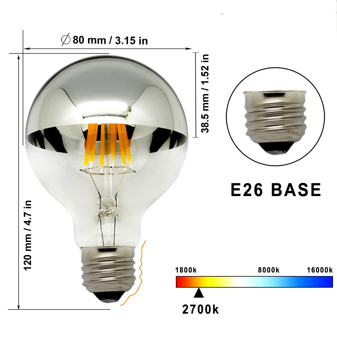 LUXON LED Edison Bulbs, Dimmable Half Chrome, 6W (60W Equivalent), G80 Globe, E26 Base, Warm White 2700K, Pack of 2