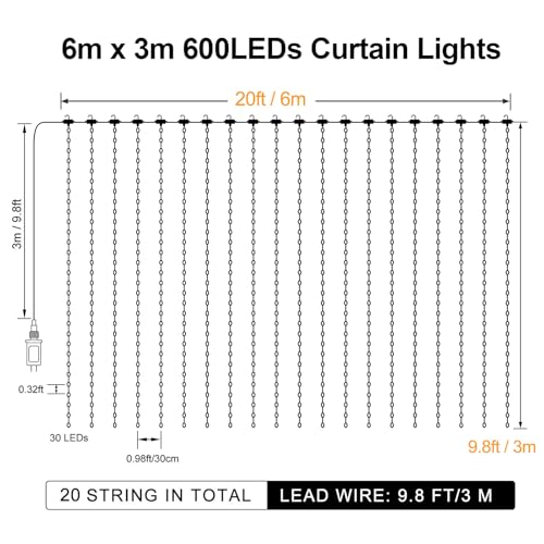 ZAIYW Curtain Lights 600 LED 20Ftx10Ft, Dual Color Changing Curtain Fairy Light Connectable with Timer Remote Waterproof f...