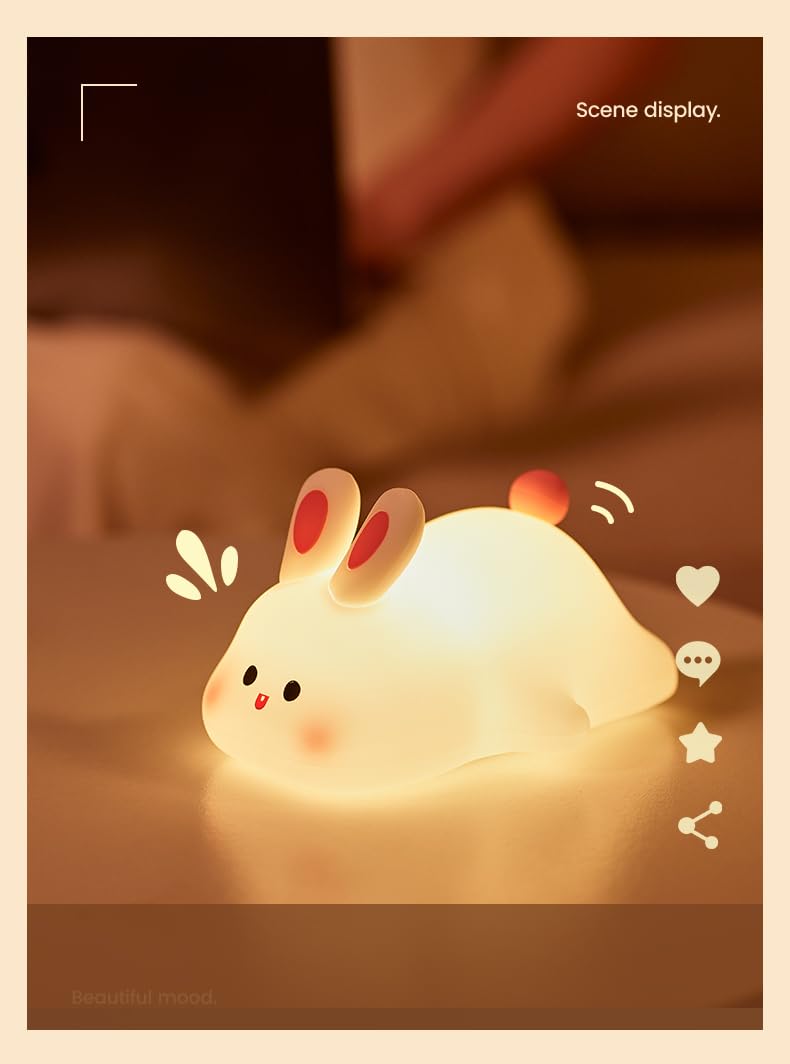 Atsui Rabbit Night Light Led Squishy Novelty Animal Night Lamp Food Grade Silicone 3 Level Dimmable Nursery Nightlight For Desk Decor Funny Gifts Stuff For Boys Girls Baby White Elephant Gifts