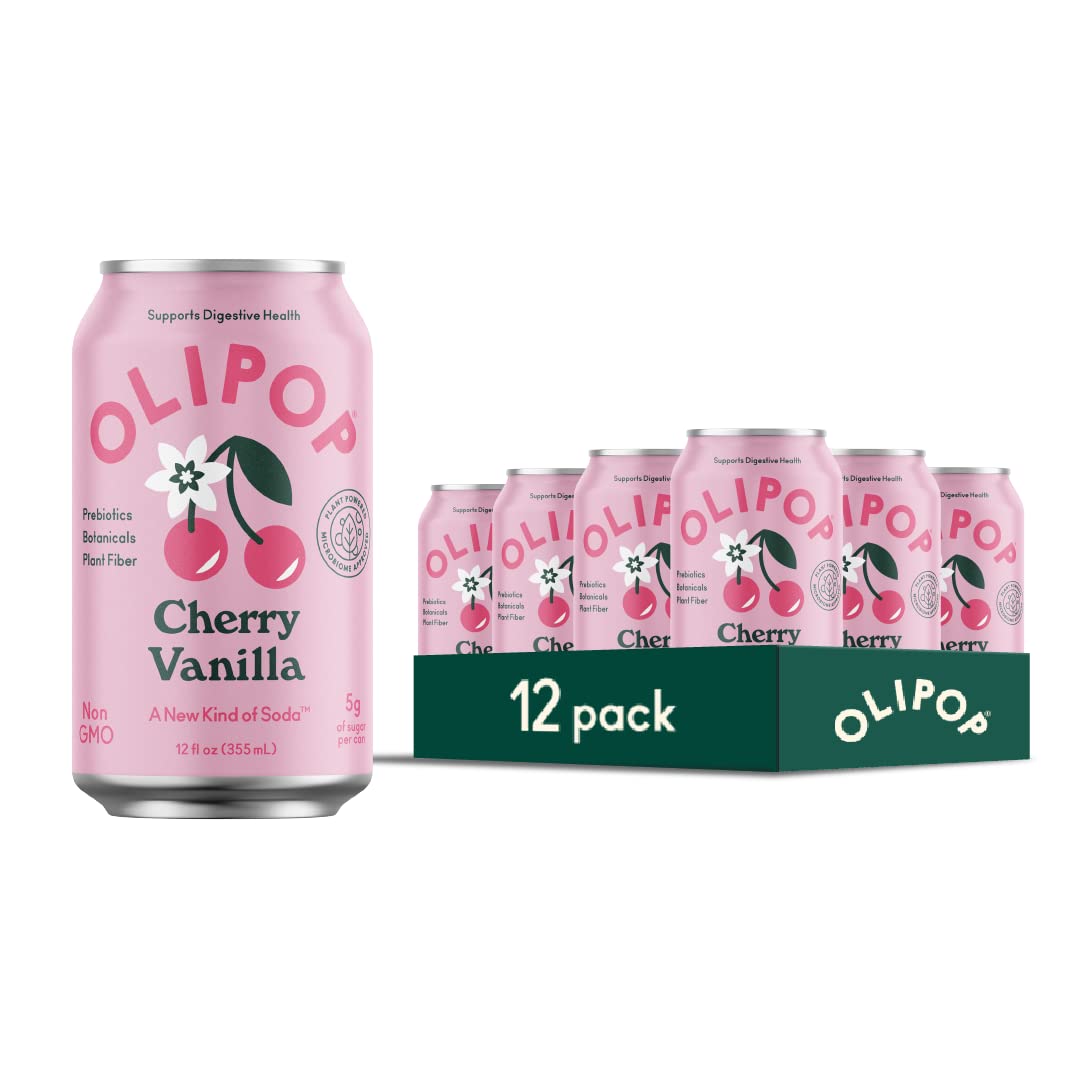 OLIPOP Prebiotic Soda Pop, Cherry Vanilla, A New Kind of Soda Packed with Prebiotics, Fiber, and Botanicals, Gluten Free, Vegan,