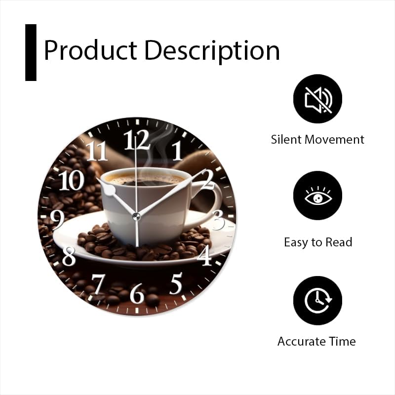 Coffee Wall Clock Non-Ticking Silent Clocks Battery Operated Analog Decor Clock for Home-Cup of Steaming Coffee Surrounded by Scattered Coffee Beans(14inch)