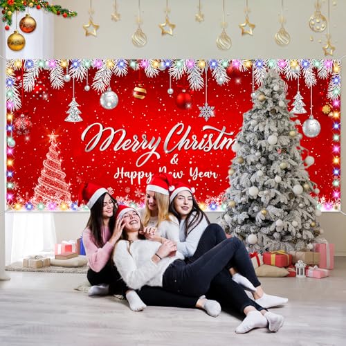 Tatuo Christmas Garage Door Banner with LED Lights 16 x 7 ft Merry Christmas Garage Door Cover Red Xmas Backdrop Decor wit...