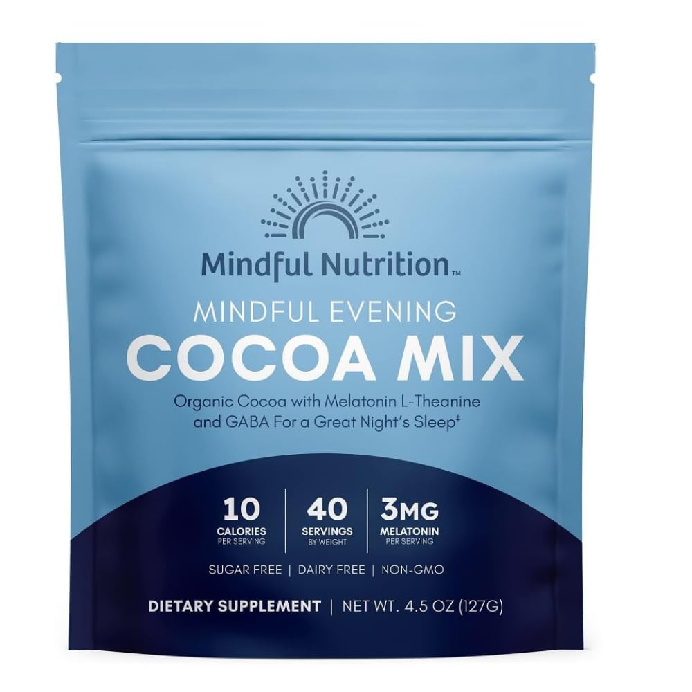 Mindful Evening Sugar Free Cocoa Mix Natural Sleep Aid 40 Servings Melatonin 3mg L-Theanine GABA dietary products Natural Calm Sleep Support Stress Relief Calm Sleepy Cocoa Nighttime Hot Chocolate