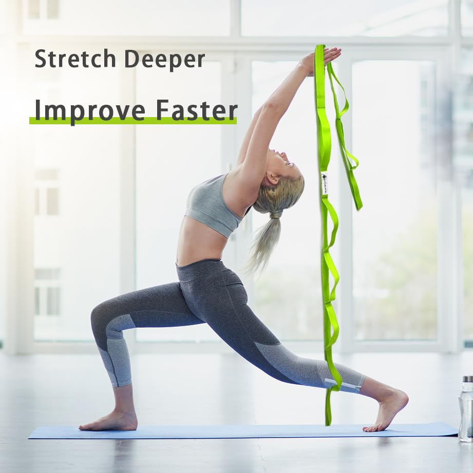 Stretching Strap Yoga Strap with Loops, Stretch Straps for Physical Therapy, Non-Elastic Exercise Strap for Pilates, Dance and Gymnastics with Workout Guide (Green)
