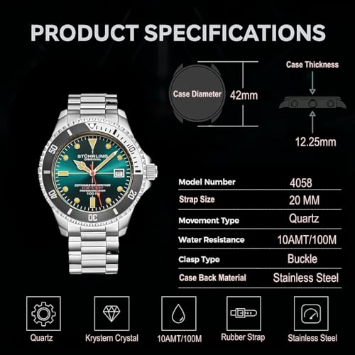 Stuhrling Depthmaster Heritage Diver Swiss Quartz Watch, 42mm, Teal Dial, Stainless Steel, 100M Water Resistant