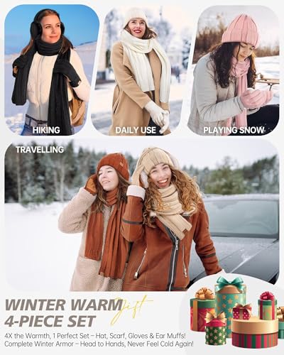 Winter Hat Gloves Scarf Earmuffs Set for Women, Fleece Lined Beanie Long Scarf Touchscreen Gloves Ear Warmer, 4 in 1 Gift Set