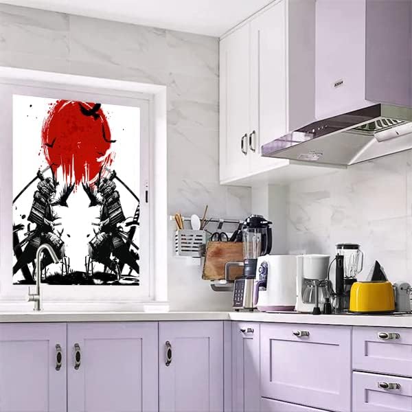Japanese Samurai Stained Glass Film Watercolor Ink Samurai Sword Red Sun Printwindow Tinting Film for Home,Window Film Stained Glass 35.4Wx78.7L-Inch X1Pcs