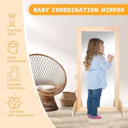 LAKNUAL Montessori Mirror with Bar, Adjustable Wood Baby Pull Up Bar, Floor & Wall Shatterproof Safety Infant Coordination...