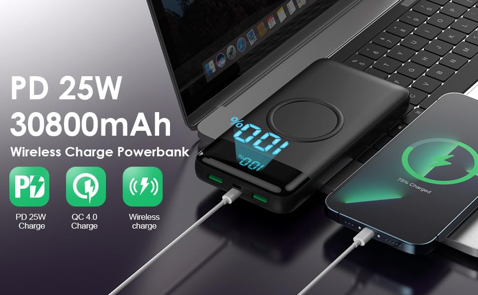 Wireless Portable Charger 30,800mAh,15W Wireless Charging USB C Power Bank,25W PD QC 4.0 Fast Charging 4 Outputs Travel Es...
