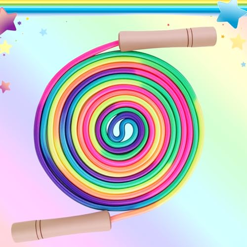 Rainbow Jump Rope for Kids - Wooden Handle - 8.5FT Adjustable Nylon Braided Fitness Skipping Rope for Girls or Boys Fitnes...