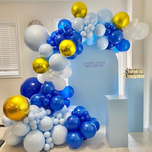 BAUANOOY Royal Blue Gold White balloons, 60pcs 12 Inch Navy Blue Metallic Gold Confetti Balloon for Wedding Graduation Bab...