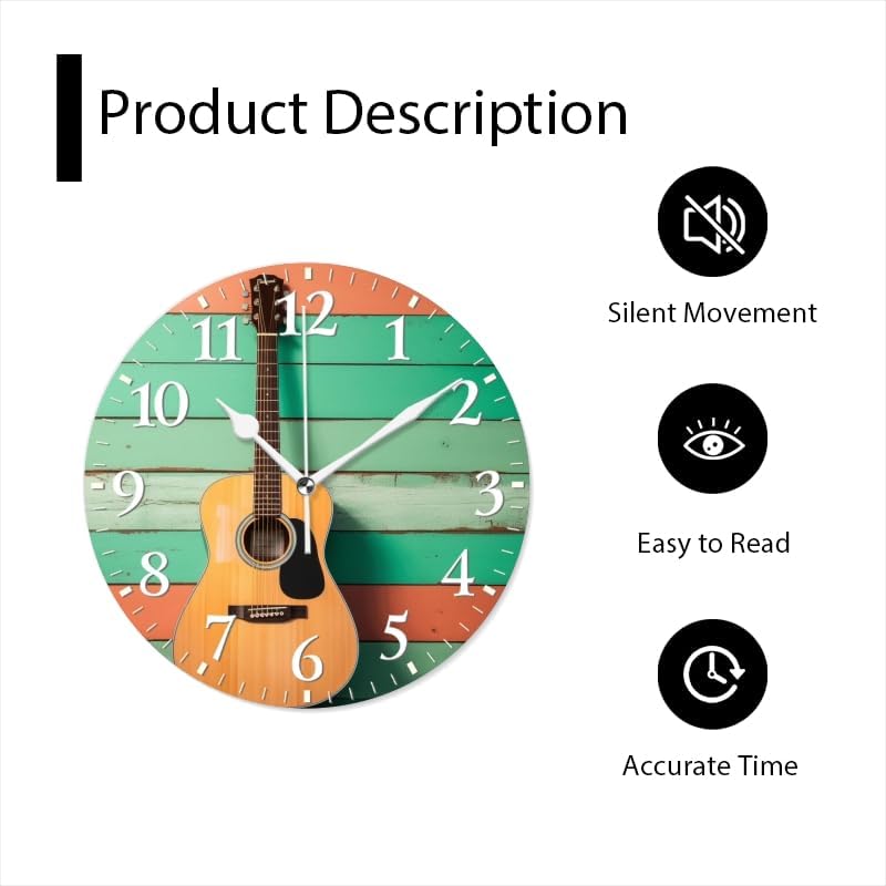 Guitar Wall Clock Non-Ticking Silent Clocks Battery Operated Analog Decor Clock for Home-Acoustic Guitar Leaning Against Wooden Wall(14inch)