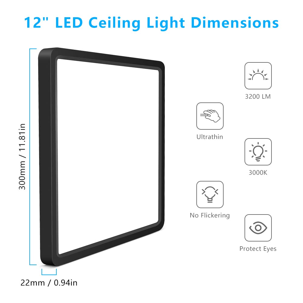 12Inch 24W Square Led Ceiling Light Fixtures Flush Mount 3000K Warm White Led Ceiling Lamp Surface Mount Modern Ceiling Lights Slim Flat Panel Lighting For Bedroom Kitchen Bathroom Etc.Black