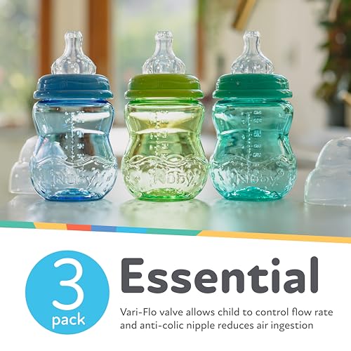 Nuby Wide Neck Non-Drip Bottle - Baby Bottles with Anti-Colic Vari-Flo Valve - (3-Pack) 8 oz - 0+ Months - Yellow, Blue, Green