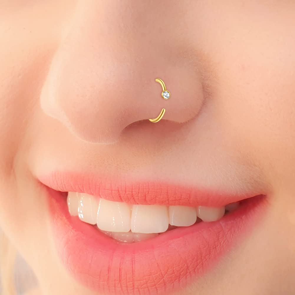 Anicina Nose Rings 18G Hoops Surgical Steel Piercing Kit L Shape Studs for Women CZ Heart Moon Gold Jewelry