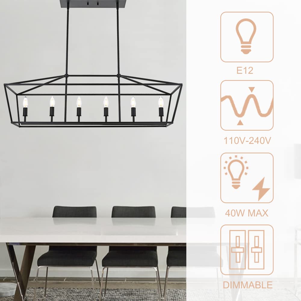 Winshen 6-Lights Kitchen Island Pendant Lighting In Black Finish 42-Inches Width Farmhouse Light Fixtures Ceiling Hanging For Dining Room Pool Table
