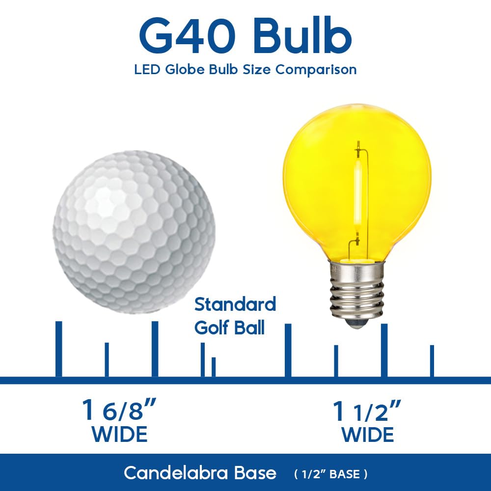 Novelty Lights 25 Pack Yellow G40 Led Filament String Light Bulbs E12/C7 Candelabra Base 5 Watt Equivalent Shatterproof Replacement Bulbs For Patios Canopy Lighting