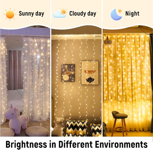 ZSJWL 300 LED Curtain Fairy Lights with Remote, 8 Modes 9.8 × 9.8 Ft Curtain String Light USB Plug in, Twinkle Silver Wire...