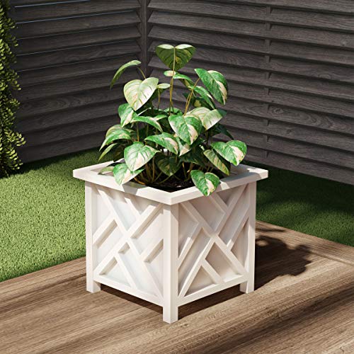 Lattice Design Outdoor Planter Box - 14.75” Square 13” Tall White Plant Pot - Decorative Plant Pots for Front Porch Decor...