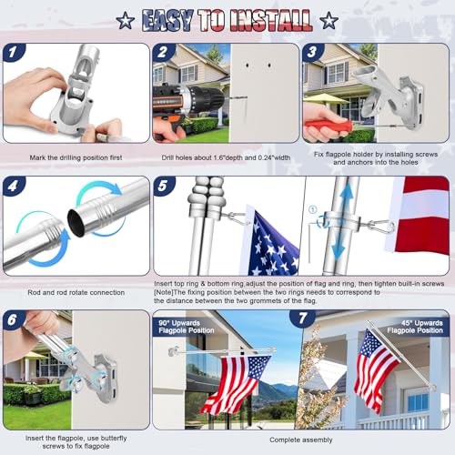 REERON Flag Pole for House, 6 FT Stainless Steel Spinning Flag Pole Kit, 1" Rustproof Porch Flagpole with 360° Tangle Free...