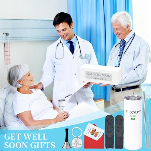 6 Pcs Funny Get Well Soon Gifts for Women Men, 20oz Hospital Mug Funny Recovery Socks Hand Bell Keychain Greeting Cards Ge...