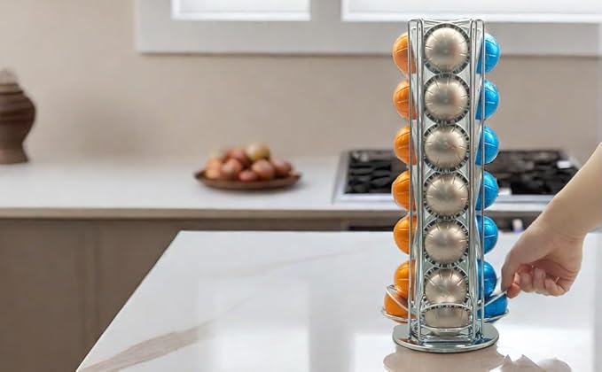 Vertuo Pod Holder Carousel Stand for 28 Nespresso Vertuo Capsule Storage Organizer with Extra Space for Coffee Mate Silent Rolling