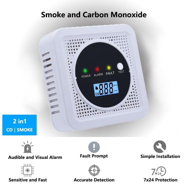 2-in-1 Smoke Detector and Carbon Monoxide Detectors, Battery Powered, CO&Smoke Alarm with Sensitive Sensor, Digital LCD Display, LED Signal Lights, Portable CO and Smoke Monitor Alarm