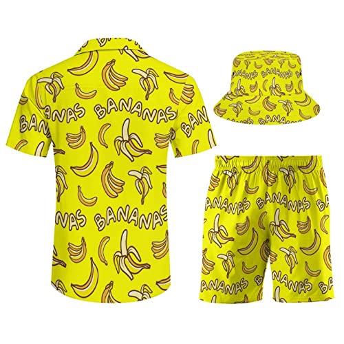 Men's Shirt Hawaiian Outfit Set Beach Shirt and Shorts with Bucket Hats 3 Piece Beach Tropical Hawaii Suits