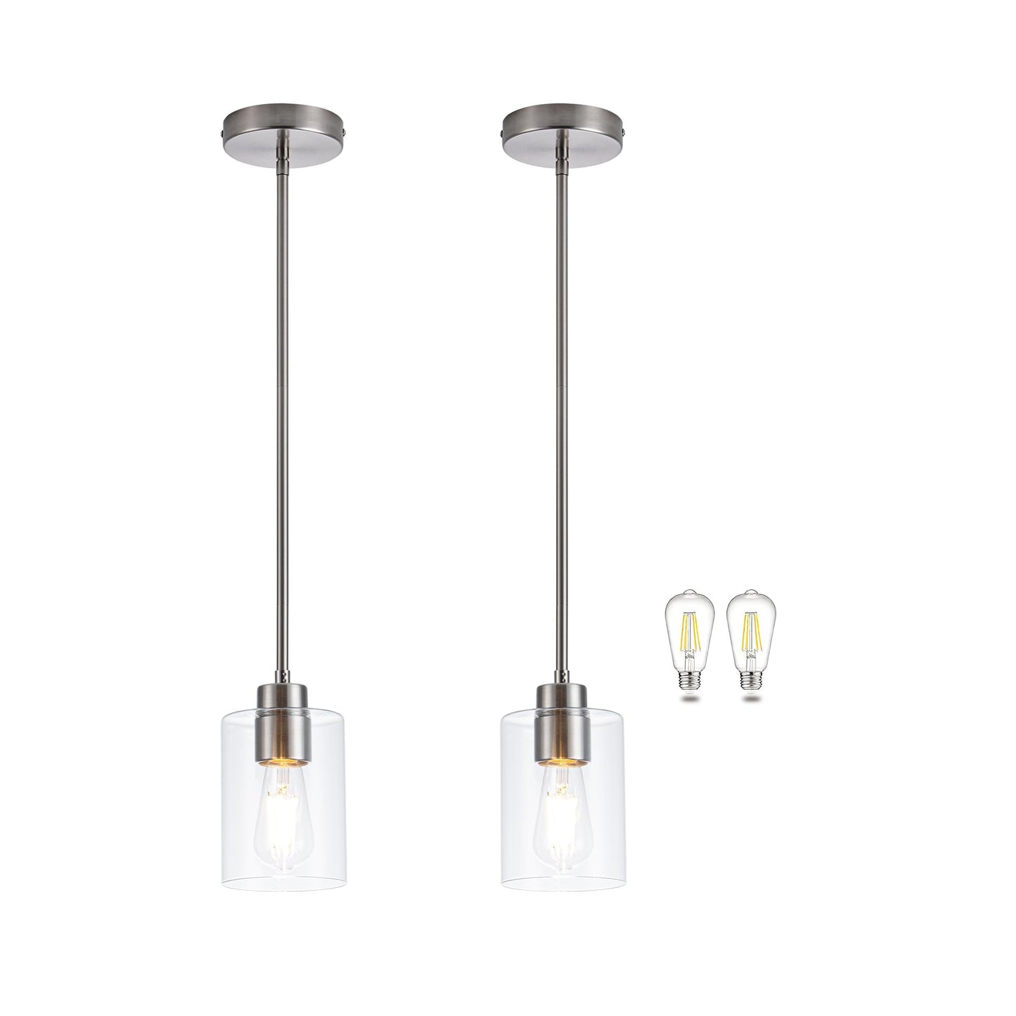 MAYNA 2 Pack Glass Pendant Light, Brushed Nickel Kitchen Island Lighting with Clear Glass Shade, Adjustable Height Hanging Light