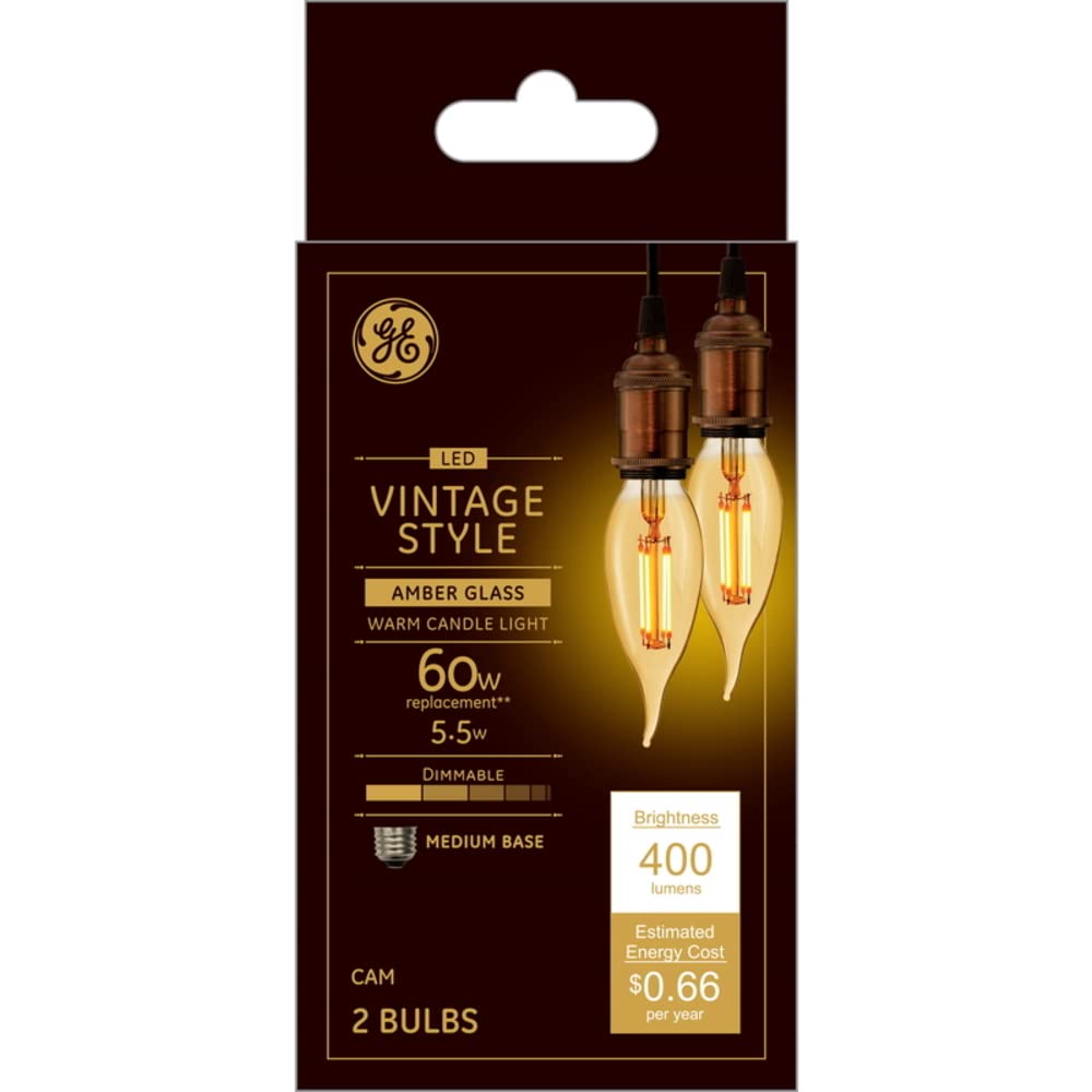 Ge Lighting Vintastyle Led Decorative Light Bulbs 5.5 Watts (60 Watt Equivalent) Warm Candle Light Amber Glass Medium Base Dimmable (2 Pack)