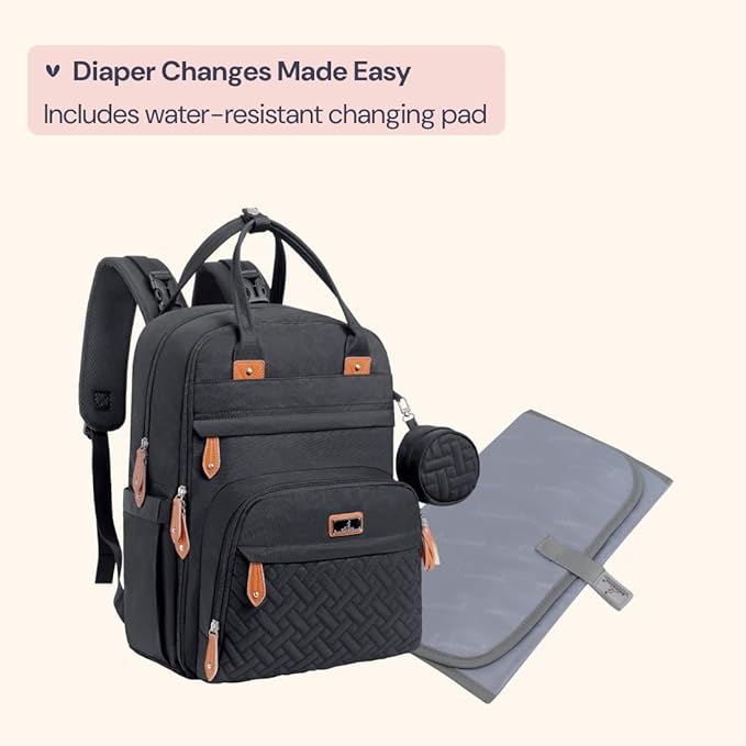 BabbleRoo Diaper Bag Backpack - Baby Essentials Travel Tote - Multi Function Water Resistant Diaper Bag, Travel Essentials Baby Bag with Changing Pad, Stroller Straps & Pacifier Case - Unisex, Black