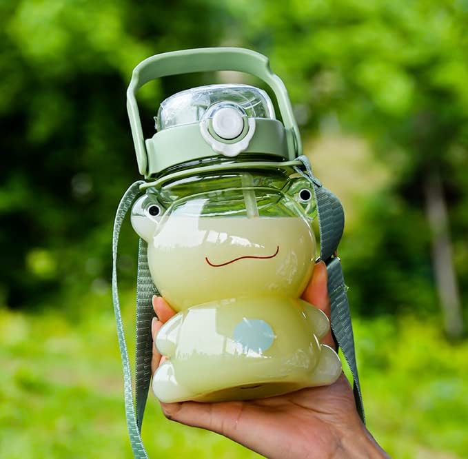 Cute Frog Water Bottle Portable Large Clear Sports Water Bottles with Straw and Strap 29oz for Girls,Women